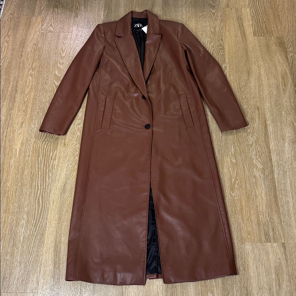 Zara Faux Leather Longline Duster Blazer Top Coat Jacket Cognac Brown Medium - Picture 6 of 11